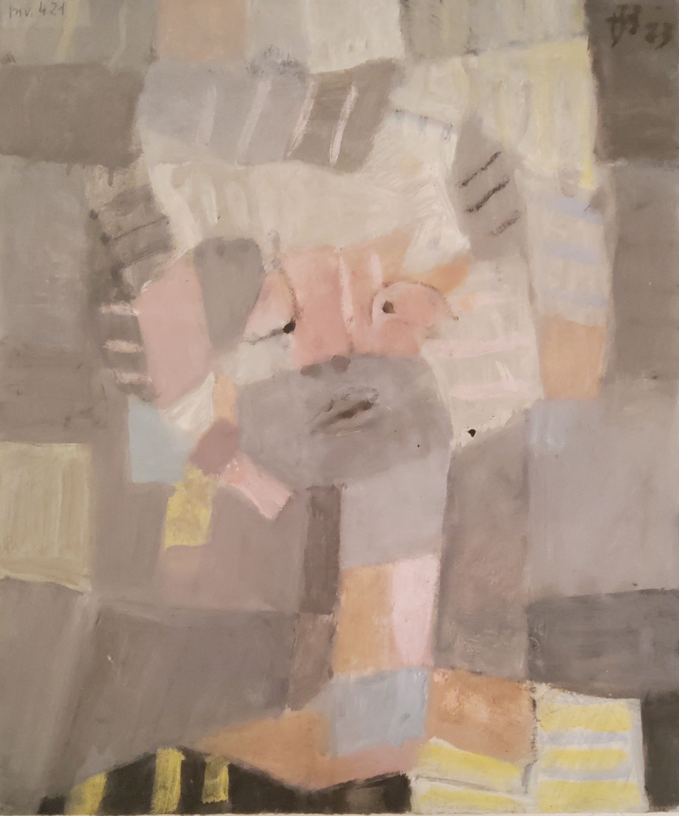 Blasser Kopf, Inv.Nr. 421 Rückseite bemalt (blaugelbes Paar, 1974)
Öl auf Karton, 1983, 43.1 x 36 cm